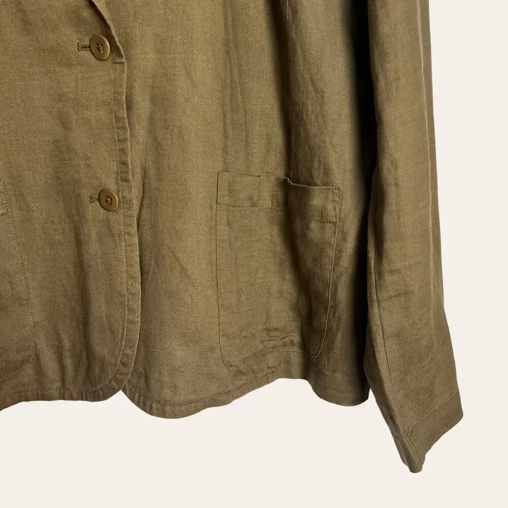 Eileen Fisher Organic Linen Olive Green Notch Collar Blazer Jacket Size XL